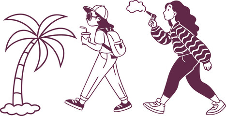 Obraz premium Palm tree and walking people illustration drink