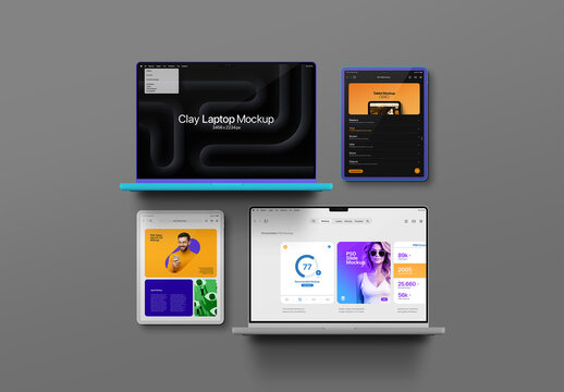 Laptop and Tablet Mockup - Clay Set (4 Objects)