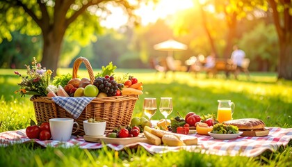 Picnic basket in a park on a sunny day