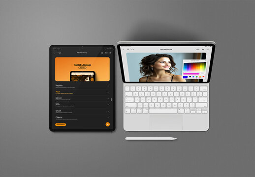 Tablet Mockup - Flat-Lay Scene (Keyboard & Digital Pencil)
