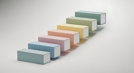 Colorful product boxes forming ascending line on white background