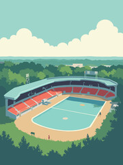 Bloomington, IL &ndash; Miller Park lagoon and arena in lagoon teal, arena red, lawn green, and cloud white