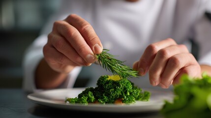 Chef garnishing gourmet dish with fresh herbs in professional kitchen