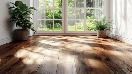 Fototapeta premium Sunlight streams into a bright, airy room with wooden floors and plants
