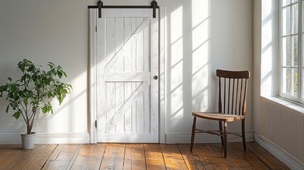 Sunlight streams into a bright room with a white door and wooden chair