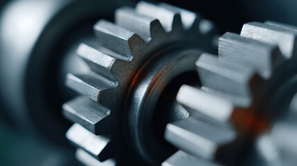 Close-up of industrial machine gears interlocking in vibrant metal mechanism with sharp details