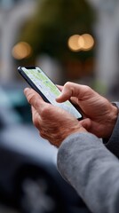 Hands using a smartphone app to find available parking spots in a smart city, convenience. Urban living, efficient. Authentic.