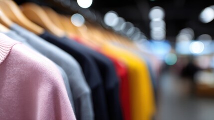 Abstract background of blurred racks of clothes, fashion retail. Style, variety. Soft focus.
