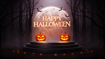 Two glowing jack o lanterns on a stage with happy halloween text and bats