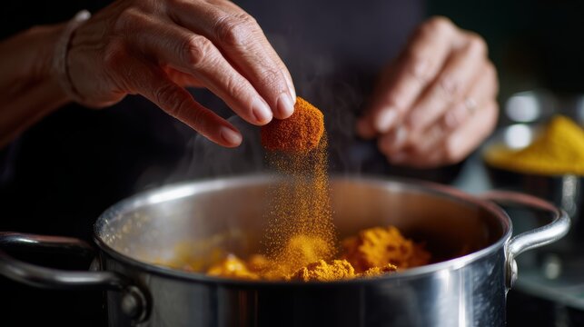 Home cook adding spices to a simmering pot