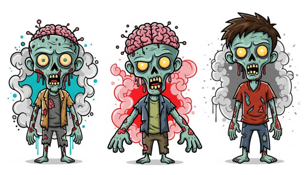 Cartoon zombie characters with exposed brains, various clothing, and spooky expressions.
