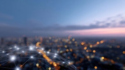 Futuristic cityscape with digital network overlays