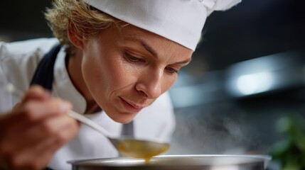 Female chef tasting soup in professional kitchen