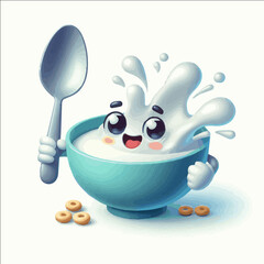 Playful 3D cereal bowl character floating spoon animated milk splash pastel tones
