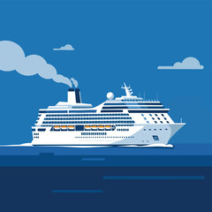Cruise Ship Sailing on the Ocean with Blue Sky and Clouds Illustration.