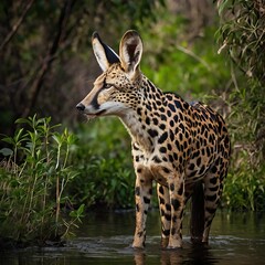 Naklejka premium A Majestic Serval Cat Stands Gracefully in Shallow River Water