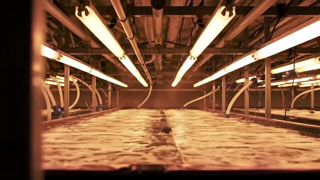 View of long, shallow water tanks under warm, glowing fluorescent lights and pipes