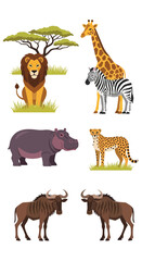 Obraz premium Cartoon illustration featuring various African animals, showcasing wildlife in a vibrant, flat style.