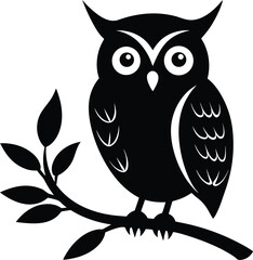 Silhouette of an owl perched on a tree branch isolated on white background