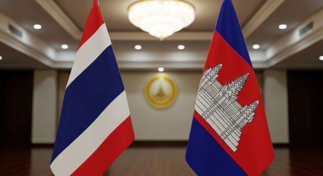 Symbolic convergence flags representing thailand and cambodia fostering diplomatic relations