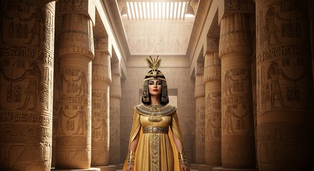 A regal woman dressed as an egyptian queen in a lavish golden gown stands gracefully amidst ancient temple columns.