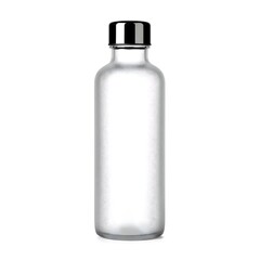 Frosted glass cylindrical bottle with gunmetal cap isolated on white background
