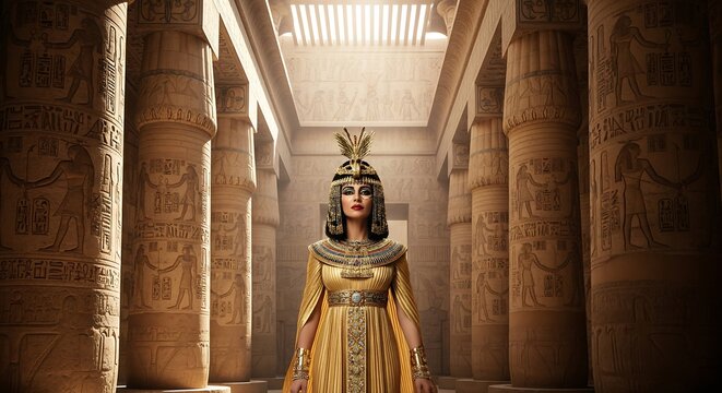 A regal woman dressed as an egyptian queen in a lavish golden gown stands gracefully amidst ancient temple columns. - Powered by Adobe