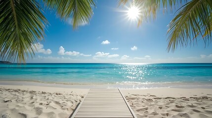 Fototapeta premium Wooden floor or plank on sand beach in summer. For product display.Calm Sea and Blue Sky Background