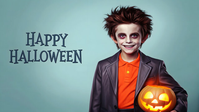 Boy in zombie makeup holding a jack o lantern halloween