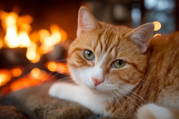 Cat therapist immerses in fireplace counseling. Countryside living is sought for its tranquility.