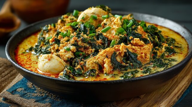 Traditional egusi soup dish with spinach and eggs on rustic fabric setting.