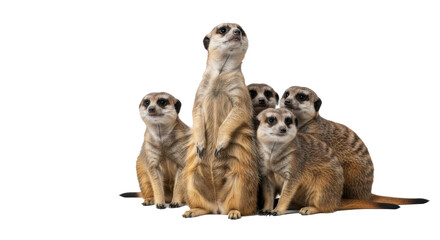A group of meerkats huddled together with one standing tall looking upwards on a black background