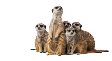 A group of meerkats huddled together with one standing tall looking upwards on a black background