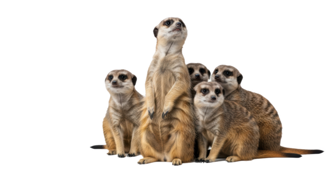 A group of meerkats huddled together with one standing tall looking upwards on a black background