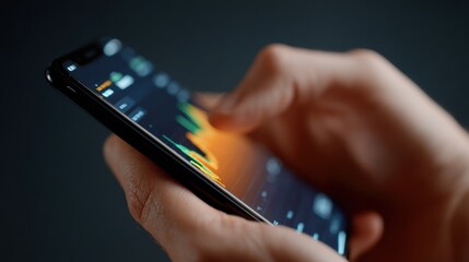 Close-up of hands holding a smartphone displaying a cryptocurrency trading app with glowing charts, digital finance. Bitcoin, investment. Dark, vibrant.