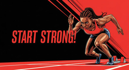 Powerful female athlete poised in starting blocks, ready for a sprint, determined expression, motivational text.