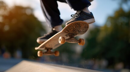 Skateboarder performing tricks on urban skatepark ramps during sunny afternoon