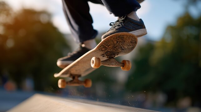 Skateboarder performing tricks on urban skatepark ramps during sunny afternoon - Powered by Adobe