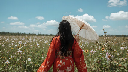 Rear view of an anonymous woman with long black hair and subtle facial features, wearing a vibrant red Asian traditional kimono with intricate golden embroidery and holding a delicate paper parasol