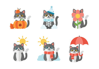 Fototapeta premium Six cartoon cats representing different seasons: autumn with pumpkin, winter with snowflake, spring with flower, and summer with sun and umbrella.