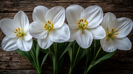 Obraz premium Four pristine white flowers against rustic wood backdrop