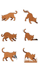 Fototapeta premium Six cartoon illustrations showing a brown cat in various poses, including stalking, pouncing, and carrying a captured mouse.