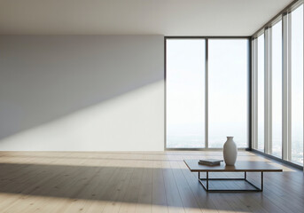 Minimalist Empty Room with Large Windows and Sunlight