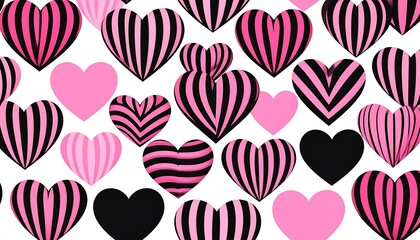 Pink and black striped hearts on white background
