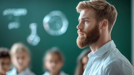 Class Teacher explaining a chemistry experiment to a class of students in a school lab.
