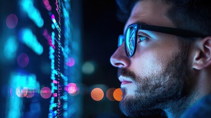 Employee Scientist working late in the office, analyzing data on a computer screen.