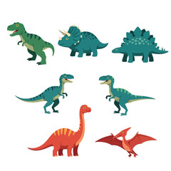 A collection of seven cartoon dinosaurs, including a T-Rex, Triceratops, Stegosaurus, two raptors, a Brontosaurus, and a Pterodactyl.