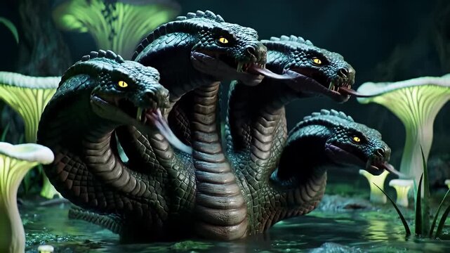 A four-headed hydra snake emerges from the swamp water, surrounded by fungi