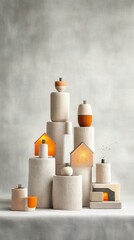 Stacked ceramic lamps and bowls, warm tones