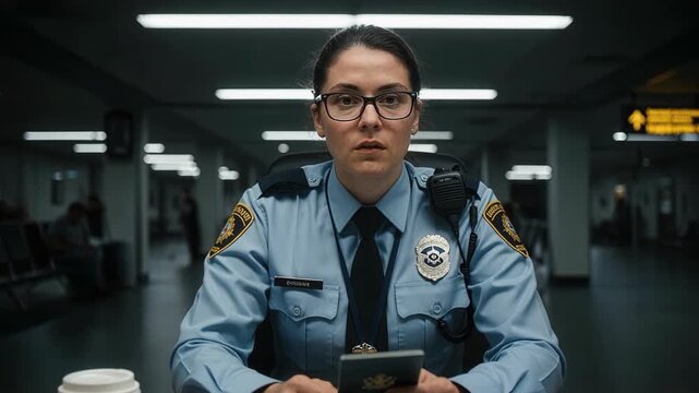 Professional passport control officer examining documents with serious focused expression during airport immigration security checkpoint